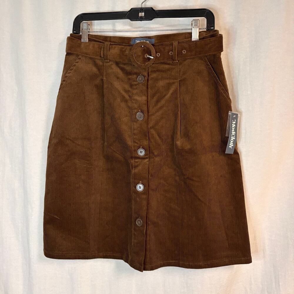 ModCloth Brown Corduroy Button Front Belted A-Line Skirt Medium NWT